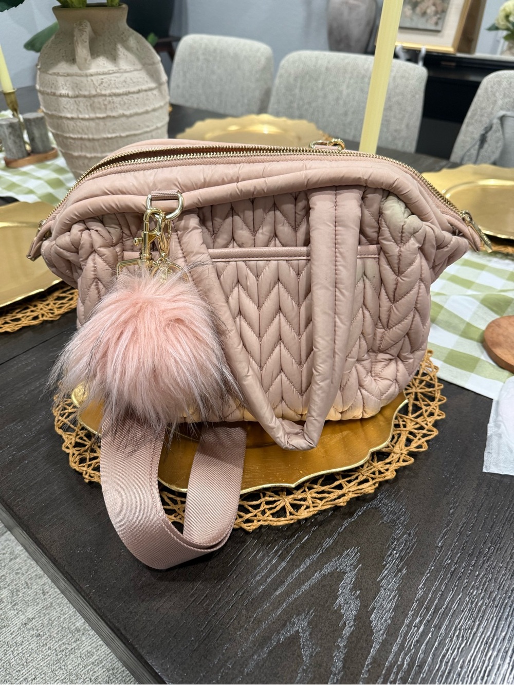 Happ diaper bag - Quilted Pink Crossbody Bag with Faux Fur Pom Pom
